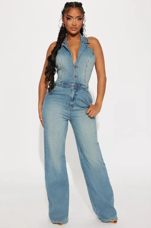 Going Everywhere Denim Jumpsuit - Light Wash sold by Fashion Nova