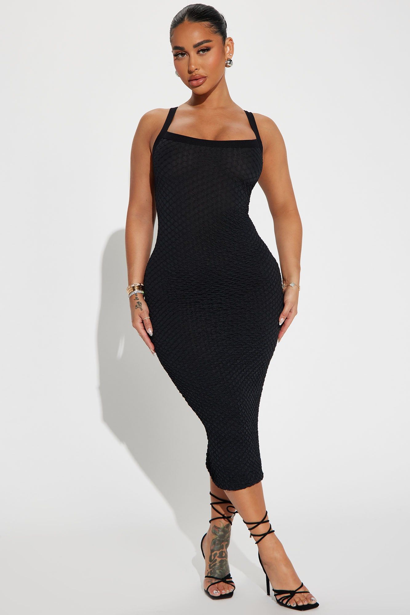 Sarah Textured Midi Dress - Black sold by Fashion Nova