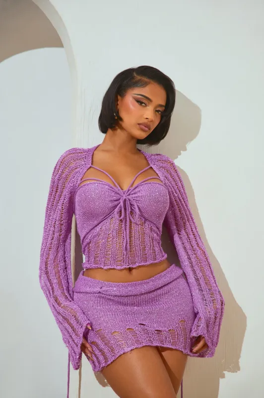 Fae Sequin Crochet Cover Up Skirt Set - Lavender sold by Fashion Nova