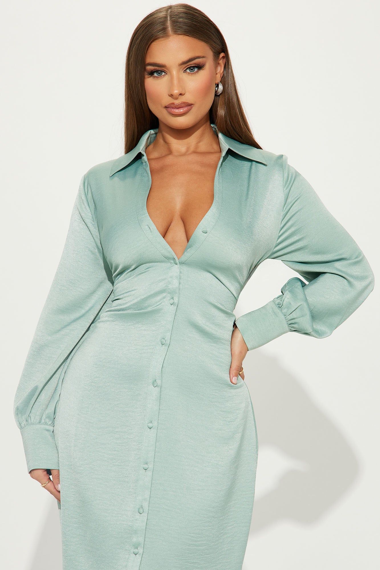 In The Office Satin Shirt Dress - Sage sold by Fashion Nova product image thumbnail 2