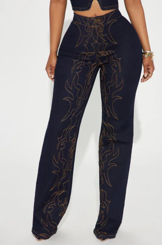 Take The Reigns Embroidered Stretch Wide Leg Jeans - Dark Wash sold by Fashion Nova