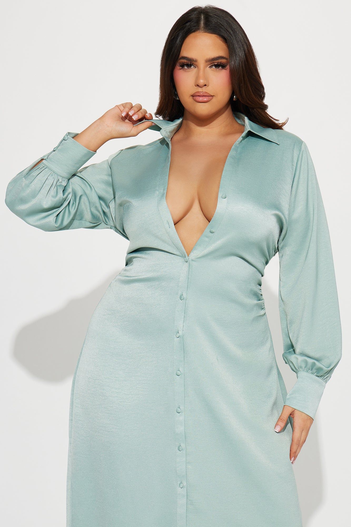 In The Office Satin Shirt Dress - Sage sold by Fashion Nova product image thumbnail 5