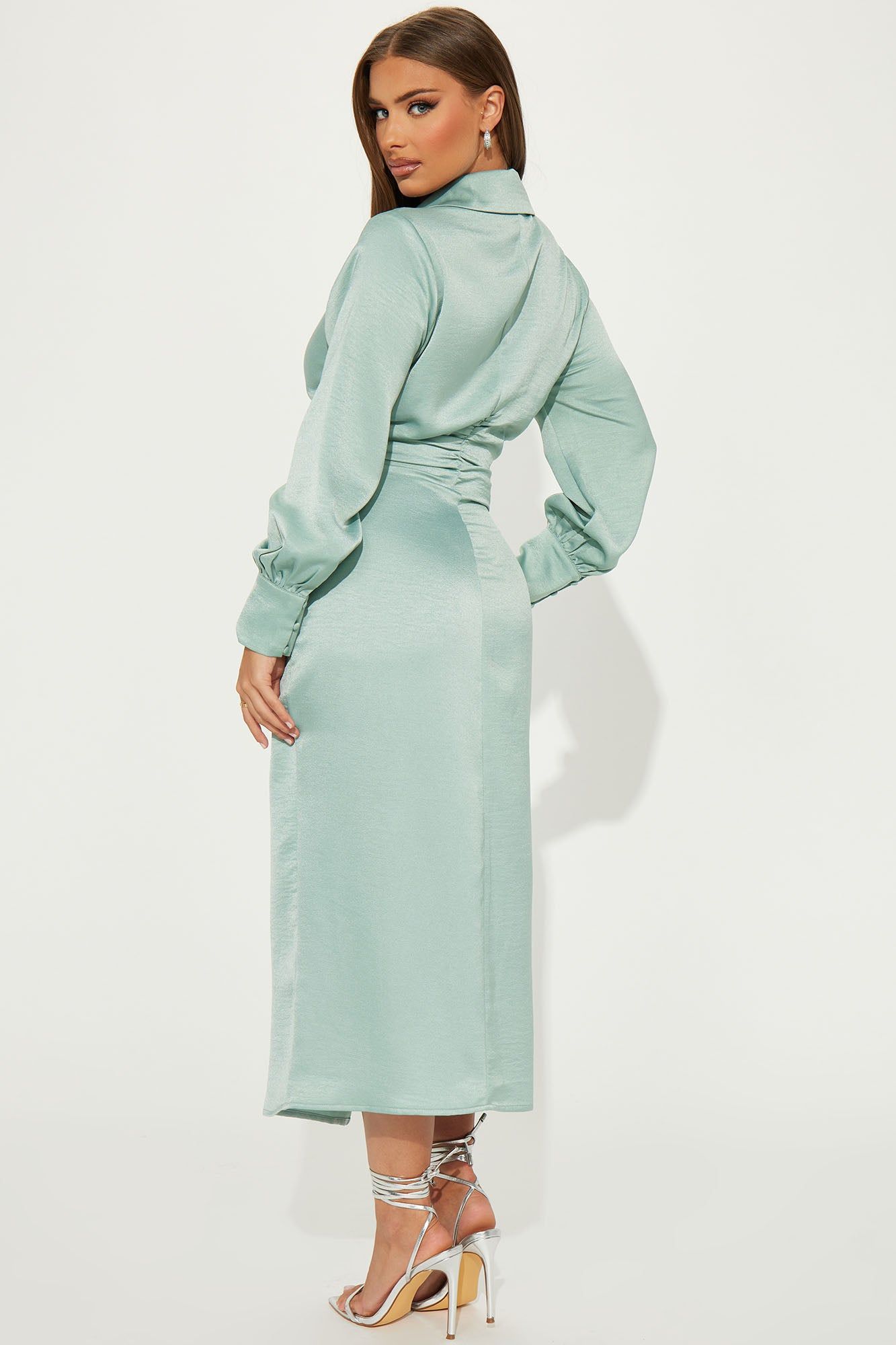 In The Office Satin Shirt Dress - Sage sold by Fashion Nova product image thumbnail 3