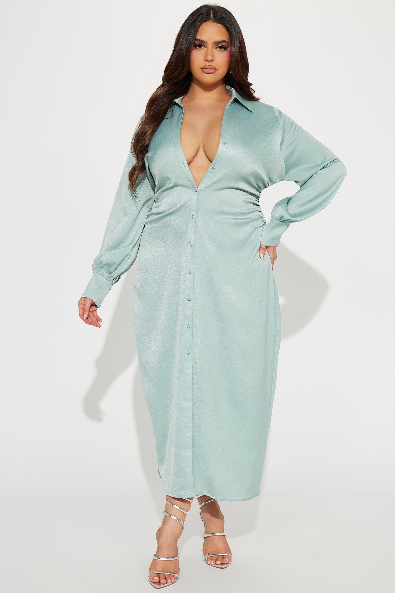 In The Office Satin Shirt Dress - Sage sold by Fashion Nova product image thumbnail 4