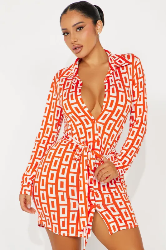 Lila Mini Shirt Dress - Rust/combo sold by Fashion Nova