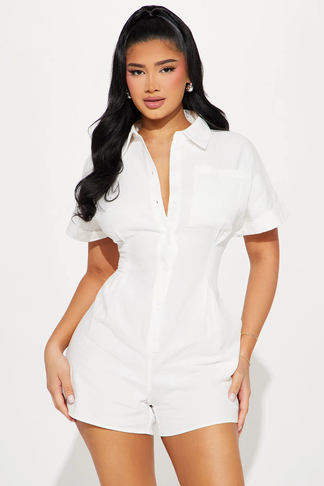 Press The Facts Romper - Ivory sold by Fashion Nova