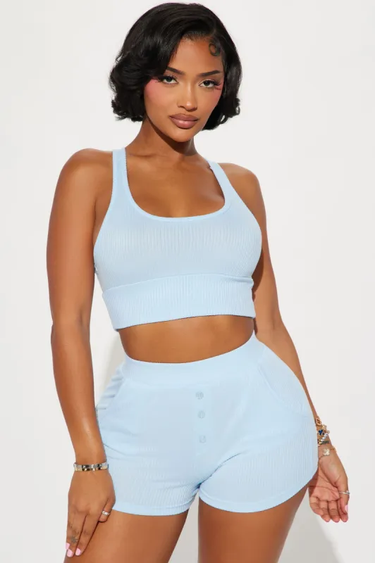Choosing Comfort Ribbed PJ Short Set - Light Blue sold by Fashion Nova