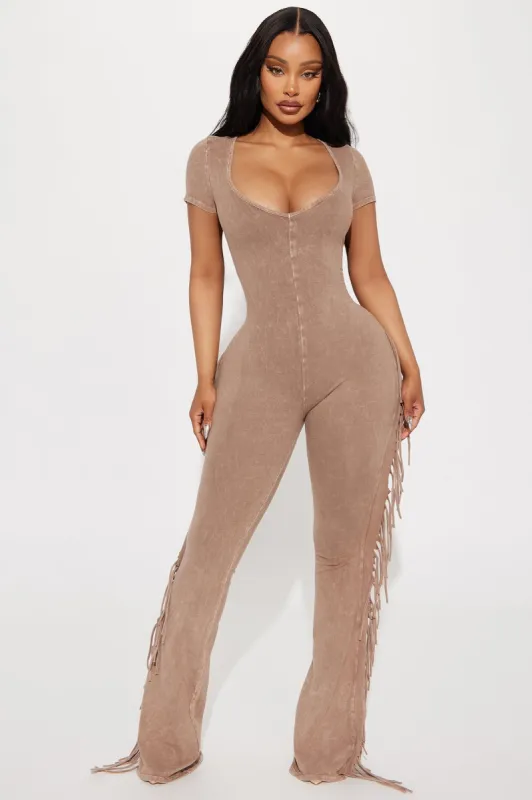 Carry Me Higher Fringe Jumpsuit - Mocha sold by Fashion Nova