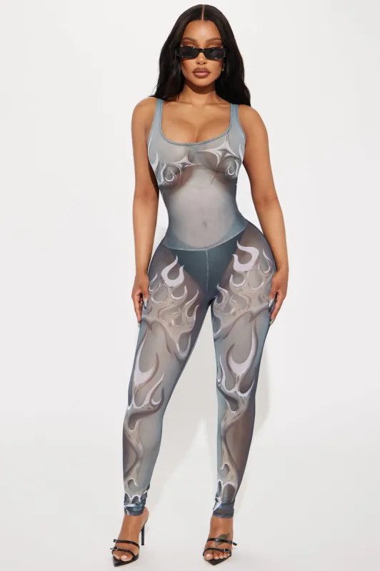 Hotter Than Your Ex Mesh Jumpsuit - Grey/combo sold by Fashion Nova