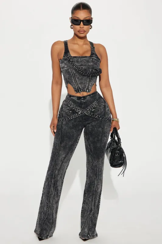 Without Warning Strappy Stretch Flare Jeans - Acid Wash Black sold by Fashion Nova
