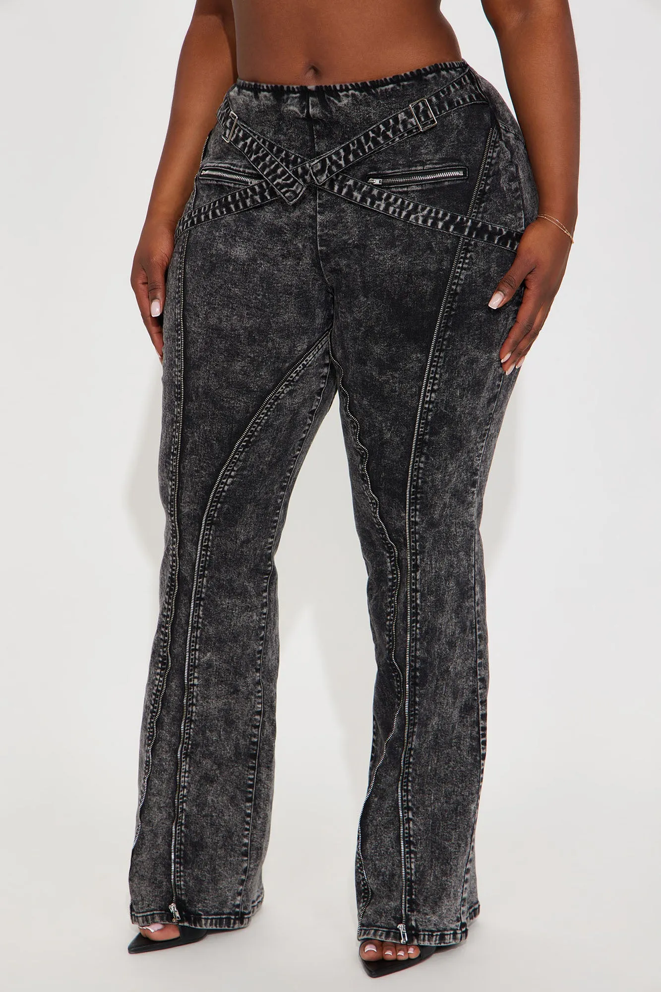 Without Warning Strappy Stretch Flare Jeans - Acid Wash Black sold by Fashion Nova product image thumbnail 5