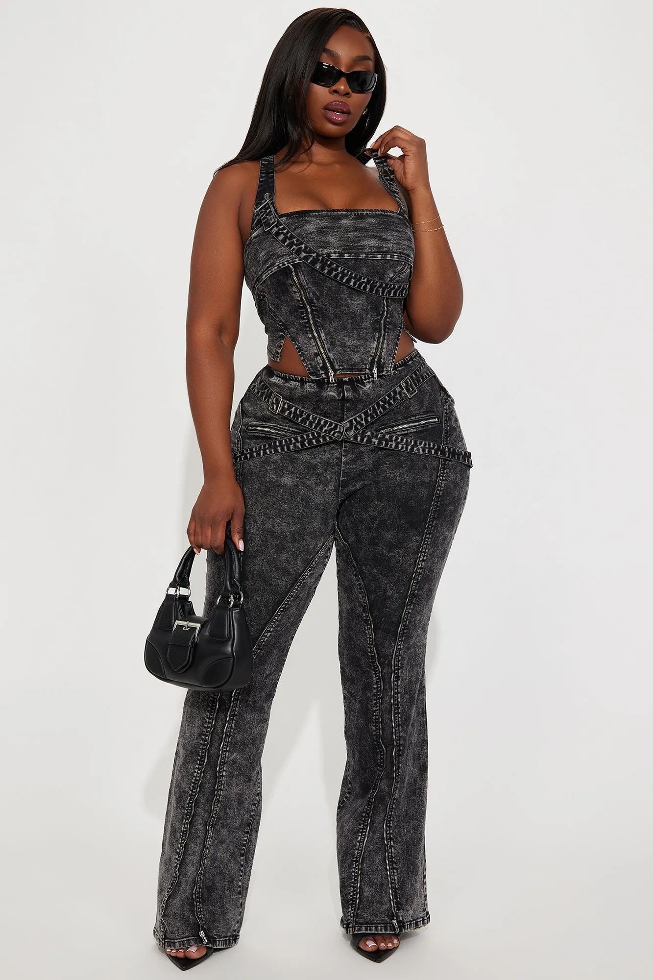 Without Warning Strappy Stretch Flare Jeans - Acid Wash Black sold by Fashion Nova product image thumbnail 4