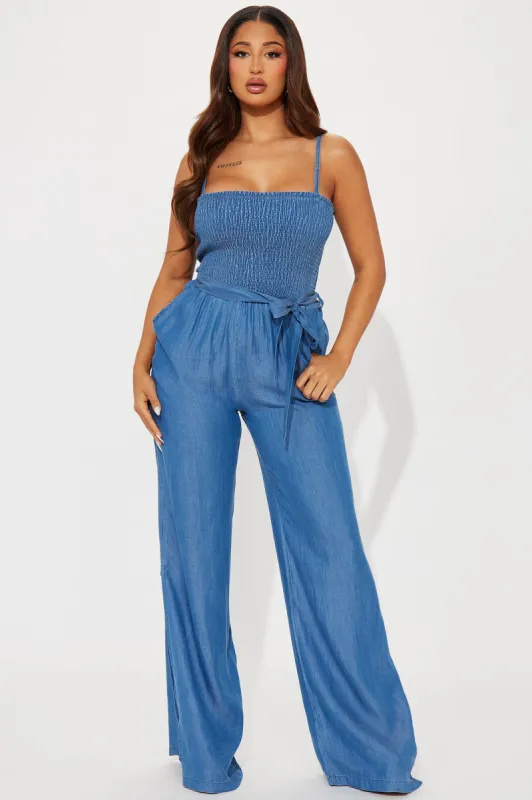 Cristy Chambray Jumpsuit - Medium Wash sold by Fashion Nova