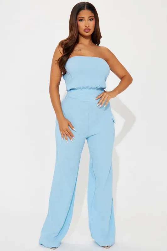 Tulum Mami Gauze Jumpsuit - Blue sold by Fashion Nova