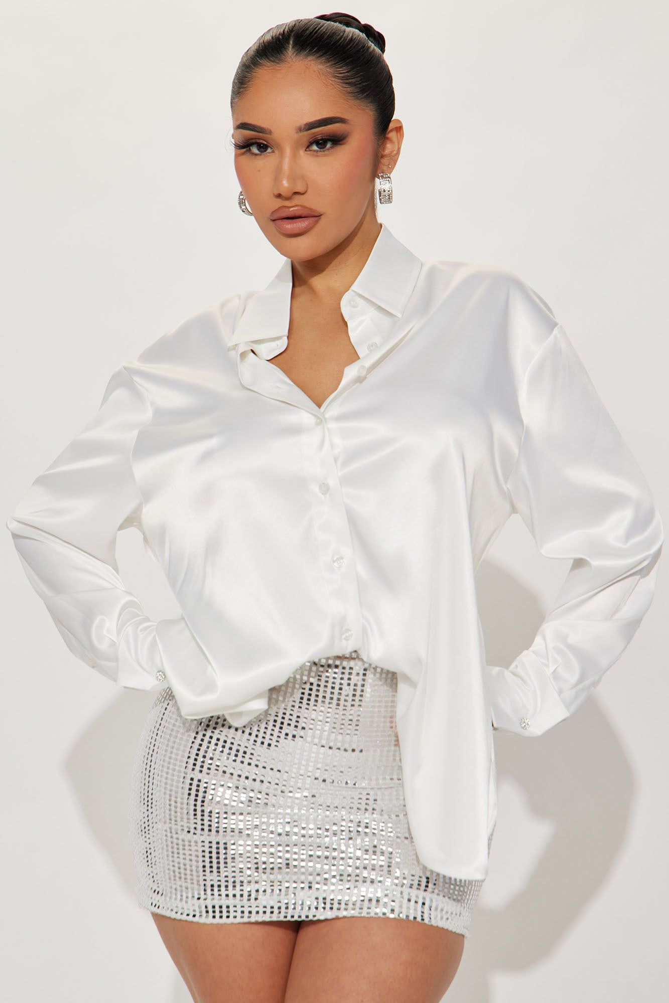 Night Is Young Satin Shirt - White sold by Fashion Nova product image thumbnail 2