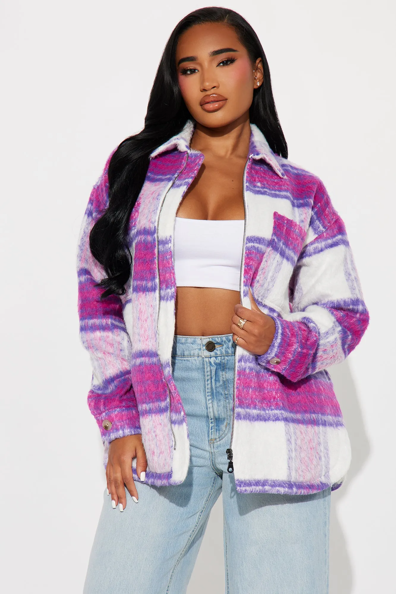 Keep It Cute Plaid Jacket - Purple/combo sold by Fashion Nova