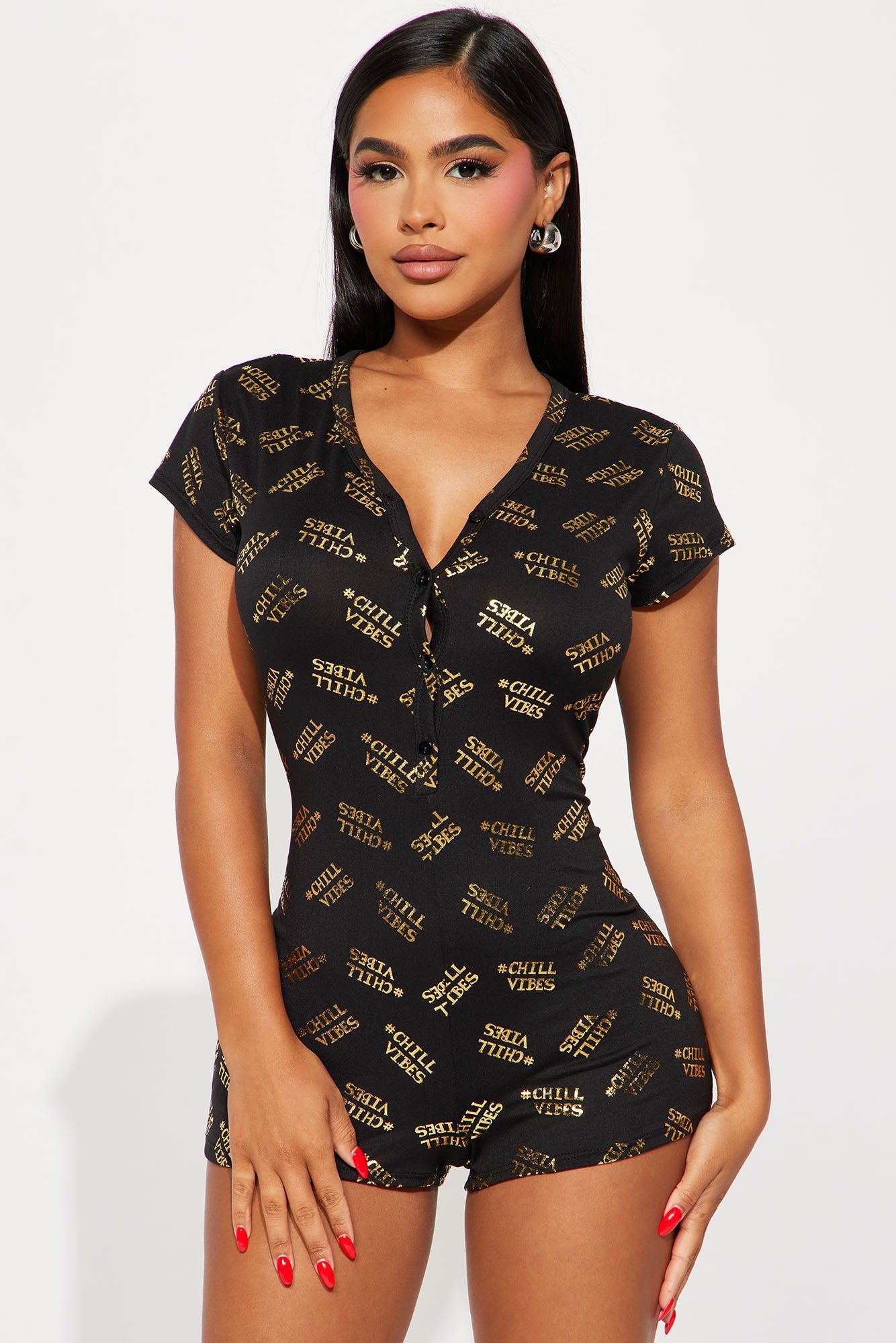 Never Leaving This Bed PJ Romper Onesie - Black/Gold sold by Fashion Nova