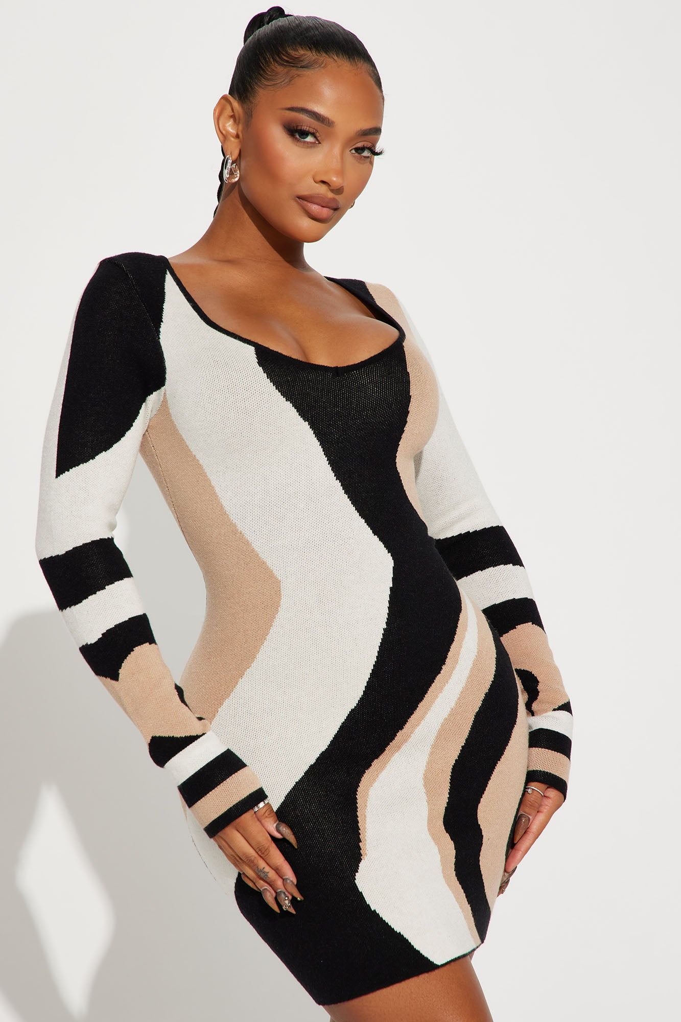 Serena Sweater Mini Dress - Black/combo sold by Fashion Nova