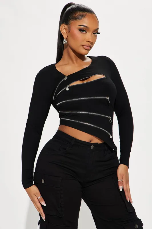 On The Move Zipper Top - Black sold by Fashion Nova
