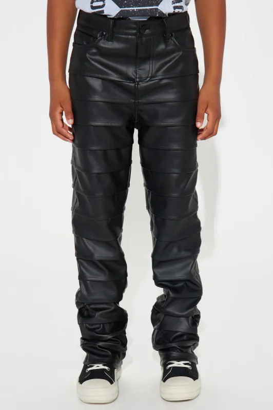 Mini Extra Levels Faux Leather Slim Stacked Flared Pants - Black sold by Fashion Nova