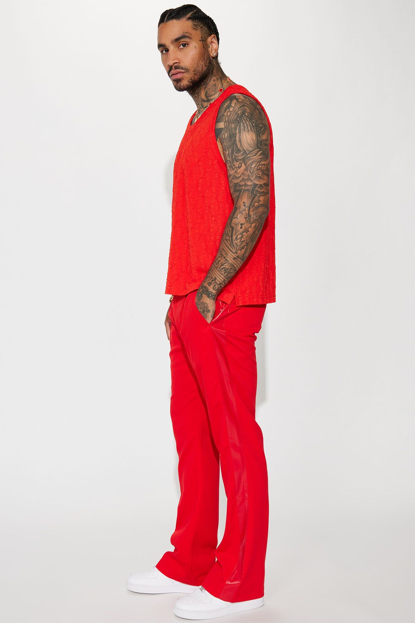 Wynn Side PU Panel Gabardine Trousers - Red sold by Fashion Nova product image thumbnail 3