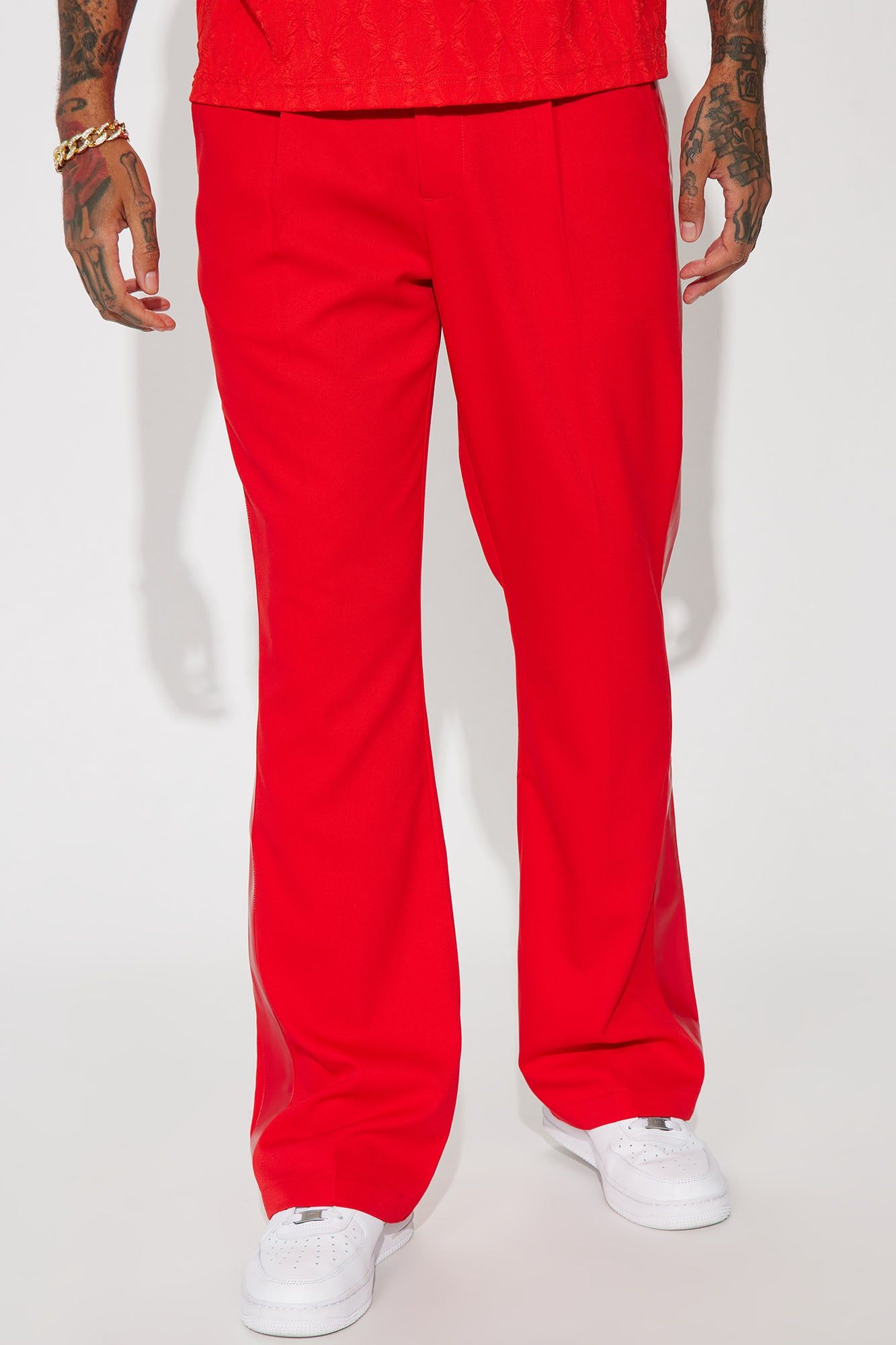 Wynn Side PU Panel Gabardine Trousers - Red sold by Fashion Nova