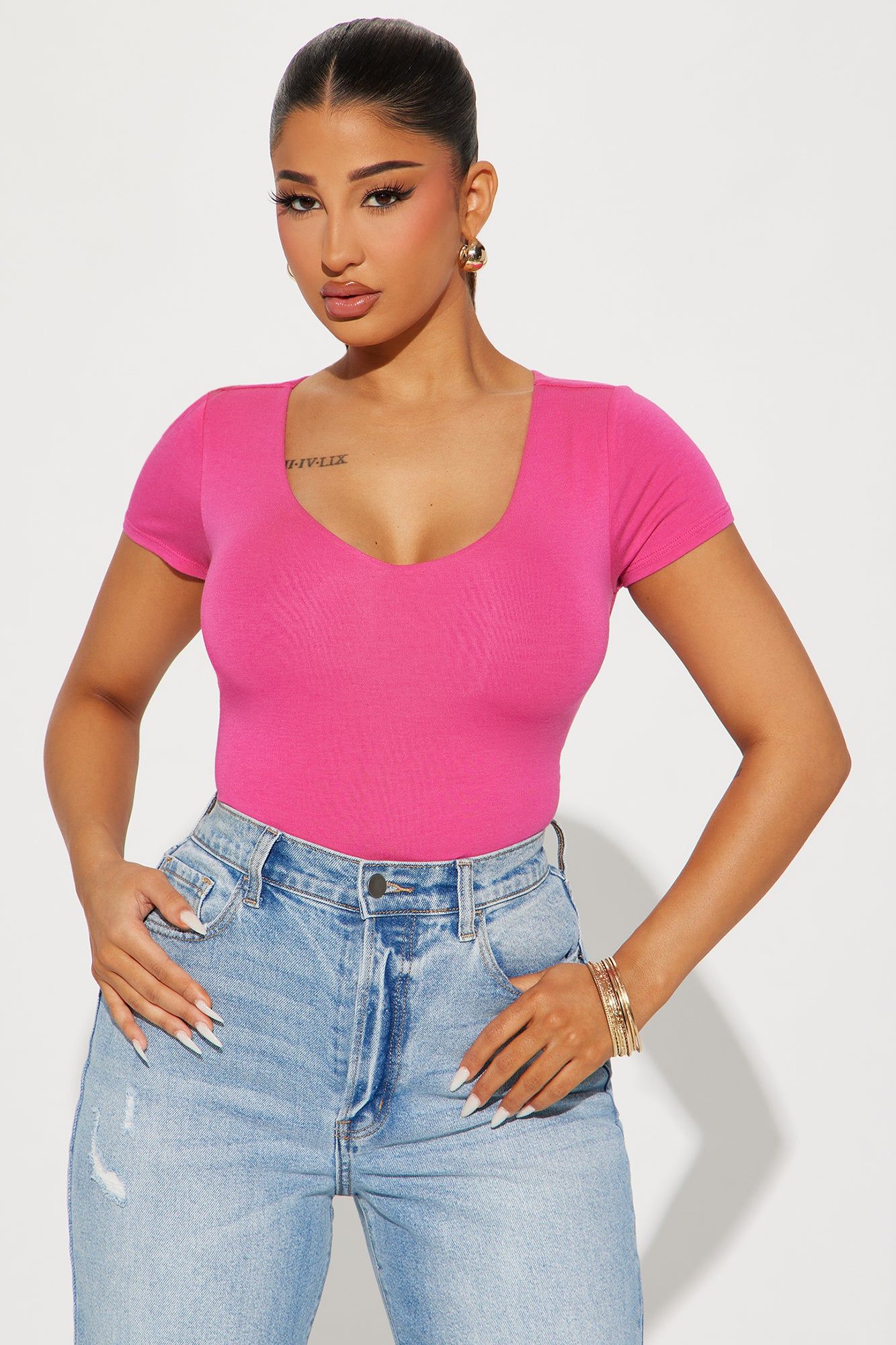 Venus V-Neck Double Layered Tee - Magenta sold by Fashion Nova