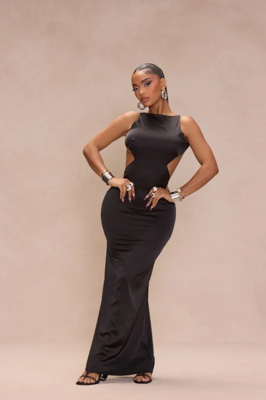 Charlie Satin Maxi Dress - Black sold by Fashion Nova