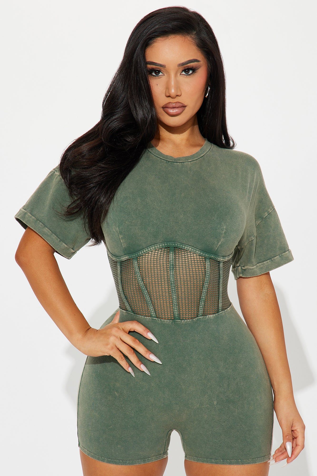 Call Me Later Washed Romper - Olive sold by Fashion Nova