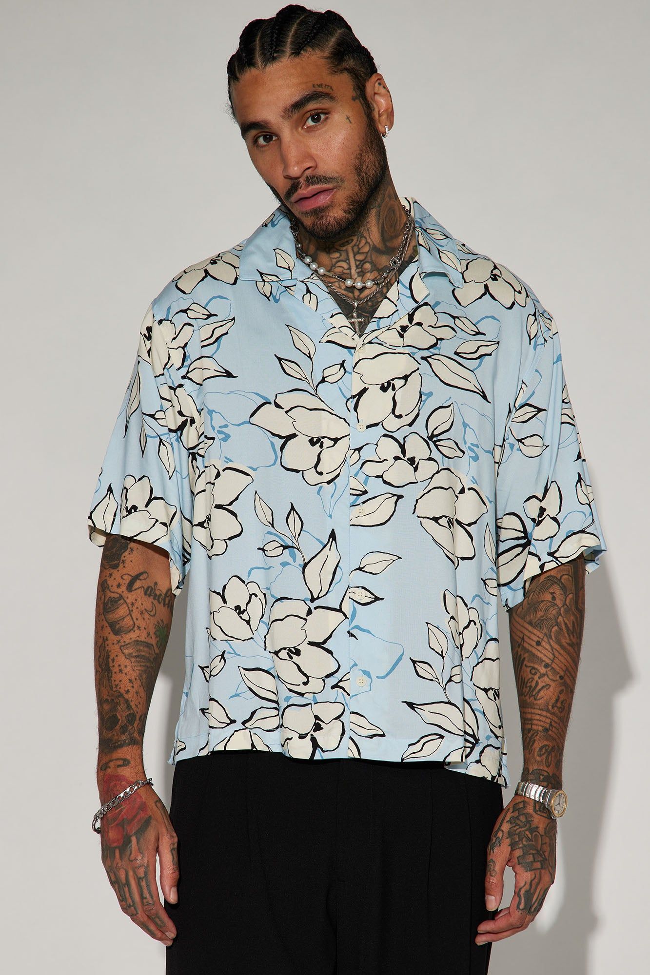 Floral Theme Button Up Shirt - Light Blue sold by Fashion Nova