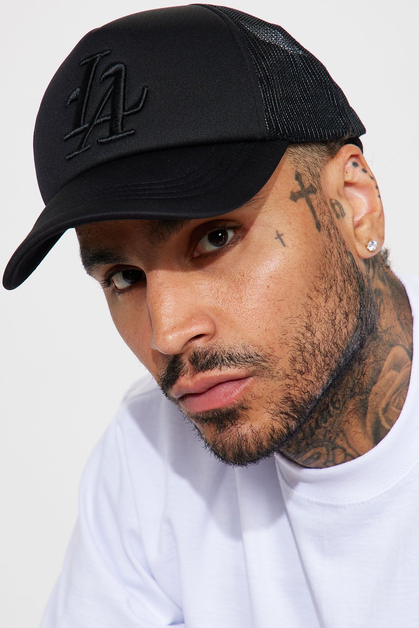 LA Trucker Hat - Black/Black sold by Fashion Nova