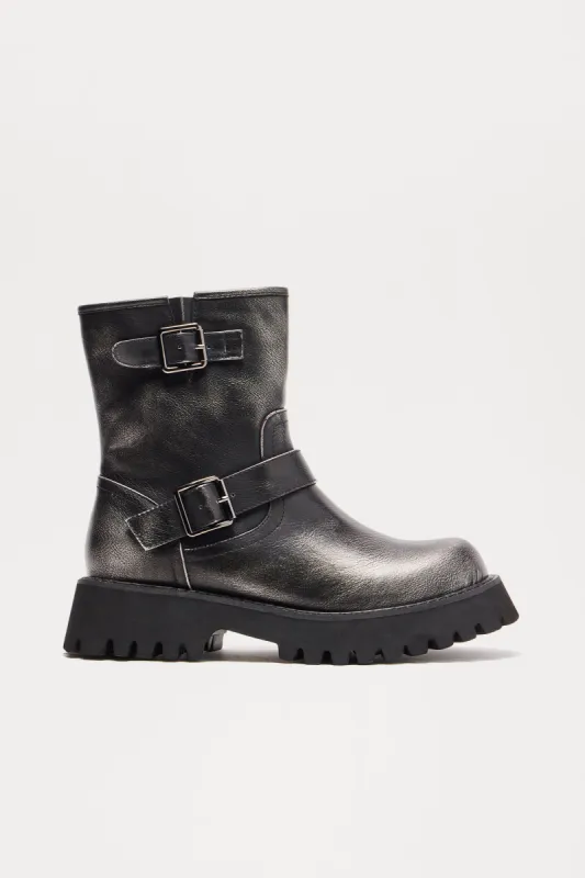 Close Enough Buckle Booties - Grey sold by Fashion Nova