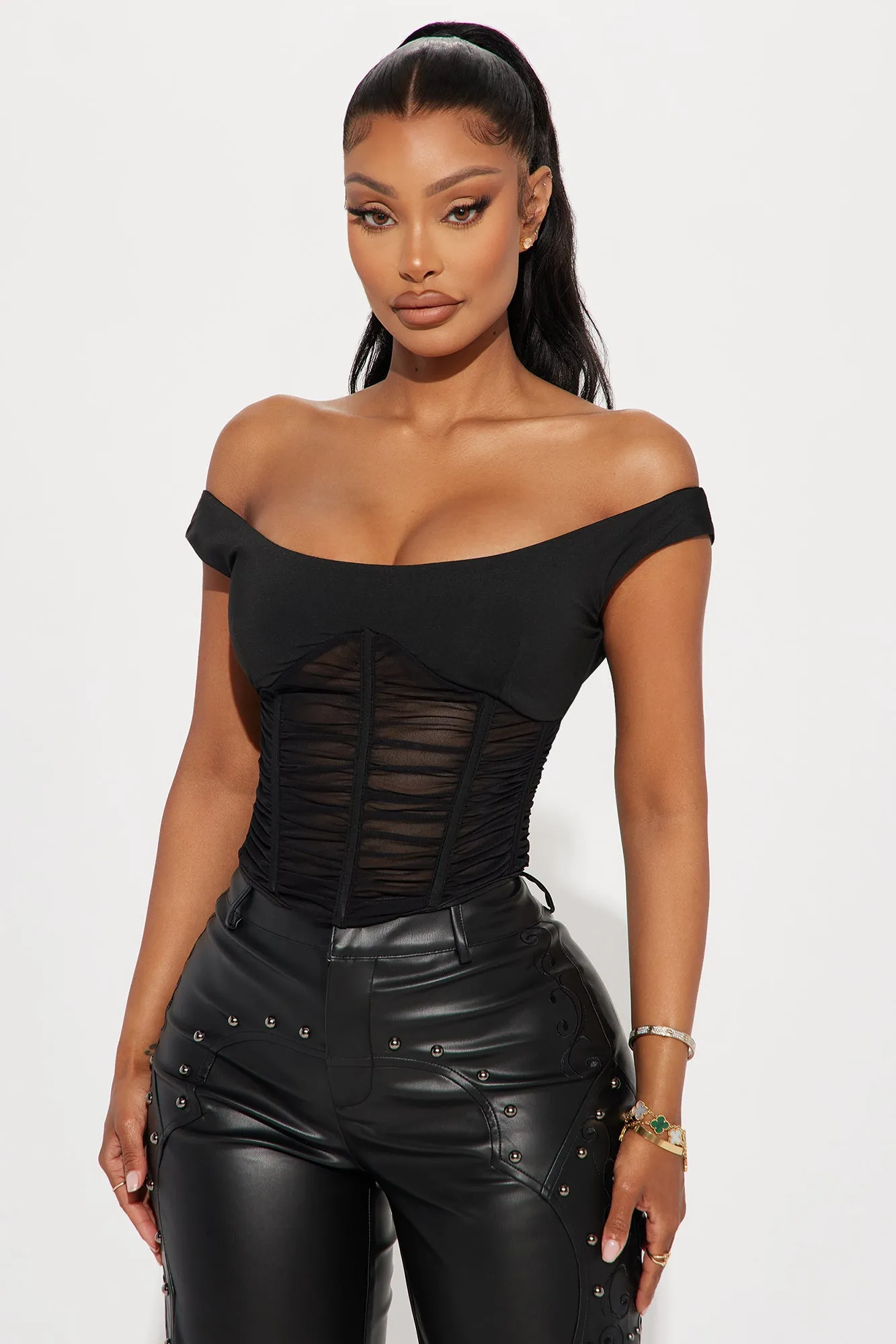 Talk The Talk Off Shoulder Corset Top - Black sold by Fashion Nova