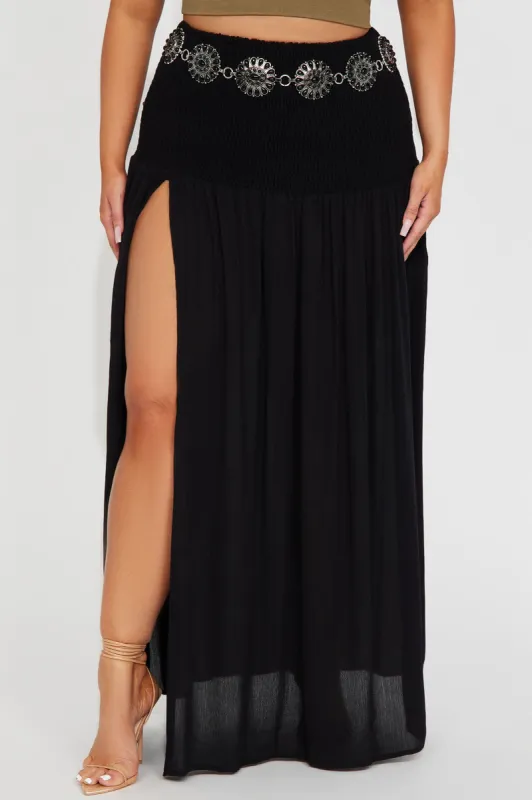 Breezy Paradise Linen Smocked Cover Up Skirt - Black sold by Fashion Nova