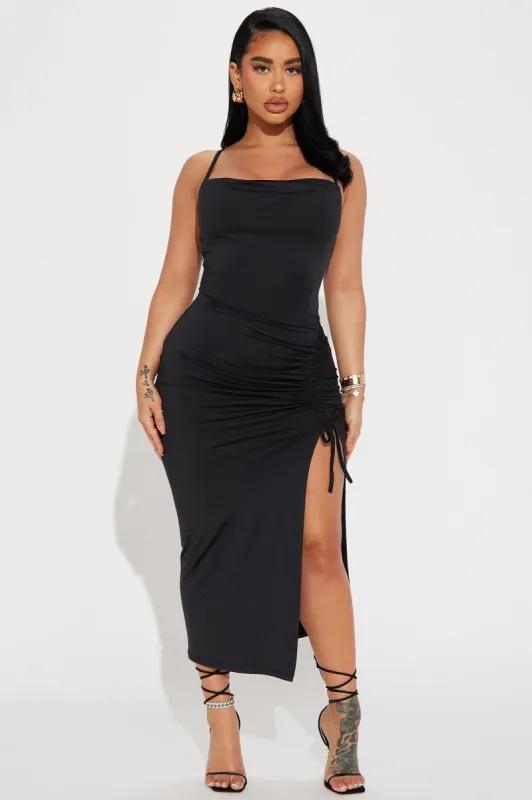 Sweetest Diva Ruched Maxi Dress - Black sold by Fashion Nova