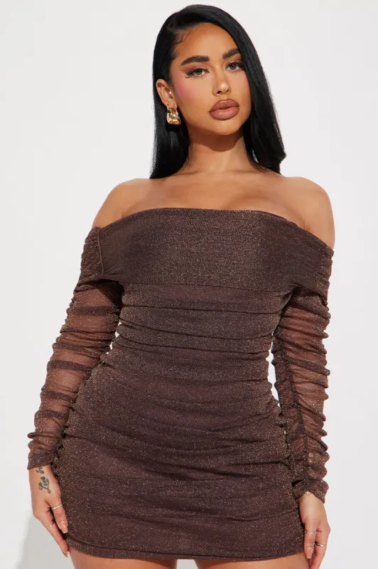 Amber Ruched Mini Dress - Brown sold by Fashion Nova