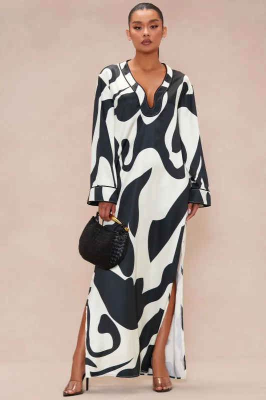 Valentina Satin Kaftan Maxi Dress - Black/White sold by Fashion Nova