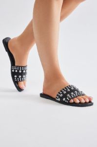 Really Going For It Studded Flat Sandals - Black sold by Fashion Nova