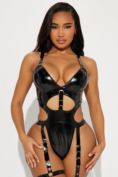 Secretly Naughty Vinyl Strappy Garter Teddy - Black sold by Fashion Nova