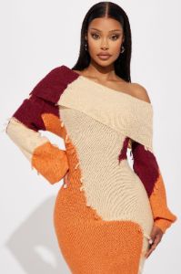 Ivy Sweater Maxi Dress - Orange/combo sold by Fashion Nova