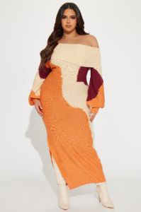Ivy Sweater Maxi Dress - Orange/combo sold by Fashion Nova