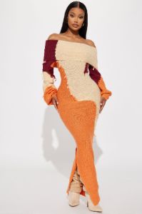 Ivy Sweater Maxi Dress - Orange/combo sold by Fashion Nova