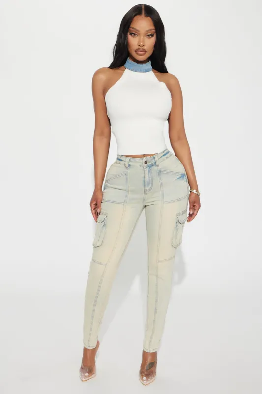 Only The Facts Stretch Tinted Cargo Skinny Jeans - Vintage Wash sold by Fashion Nova