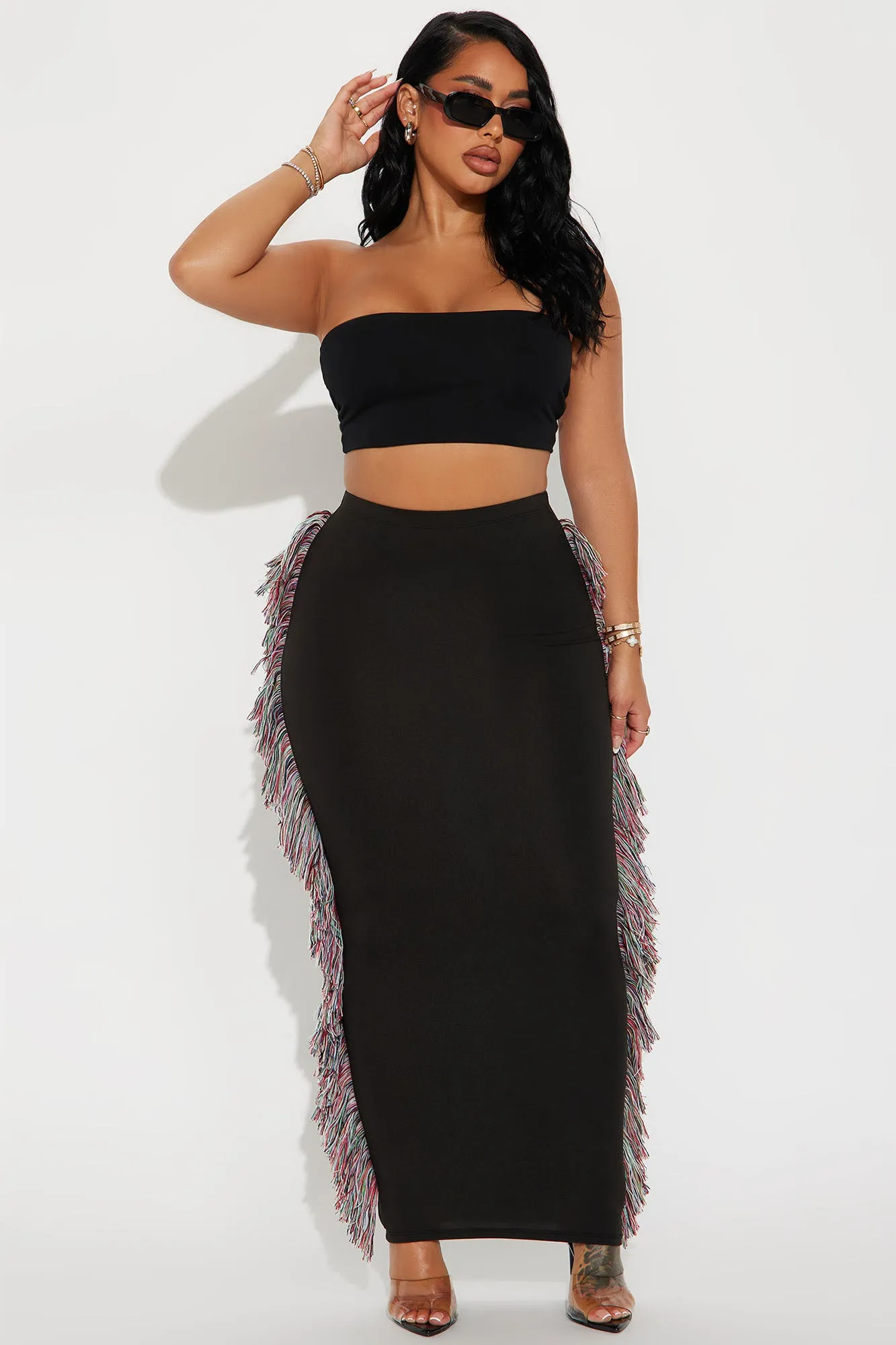 Moves To Make Fringe Maxi Skirt - Black/combo sold by Fashion Nova