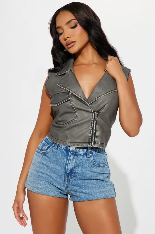 Bad To The Bone Faux Leather Vest - Grey sold by Fashion Nova