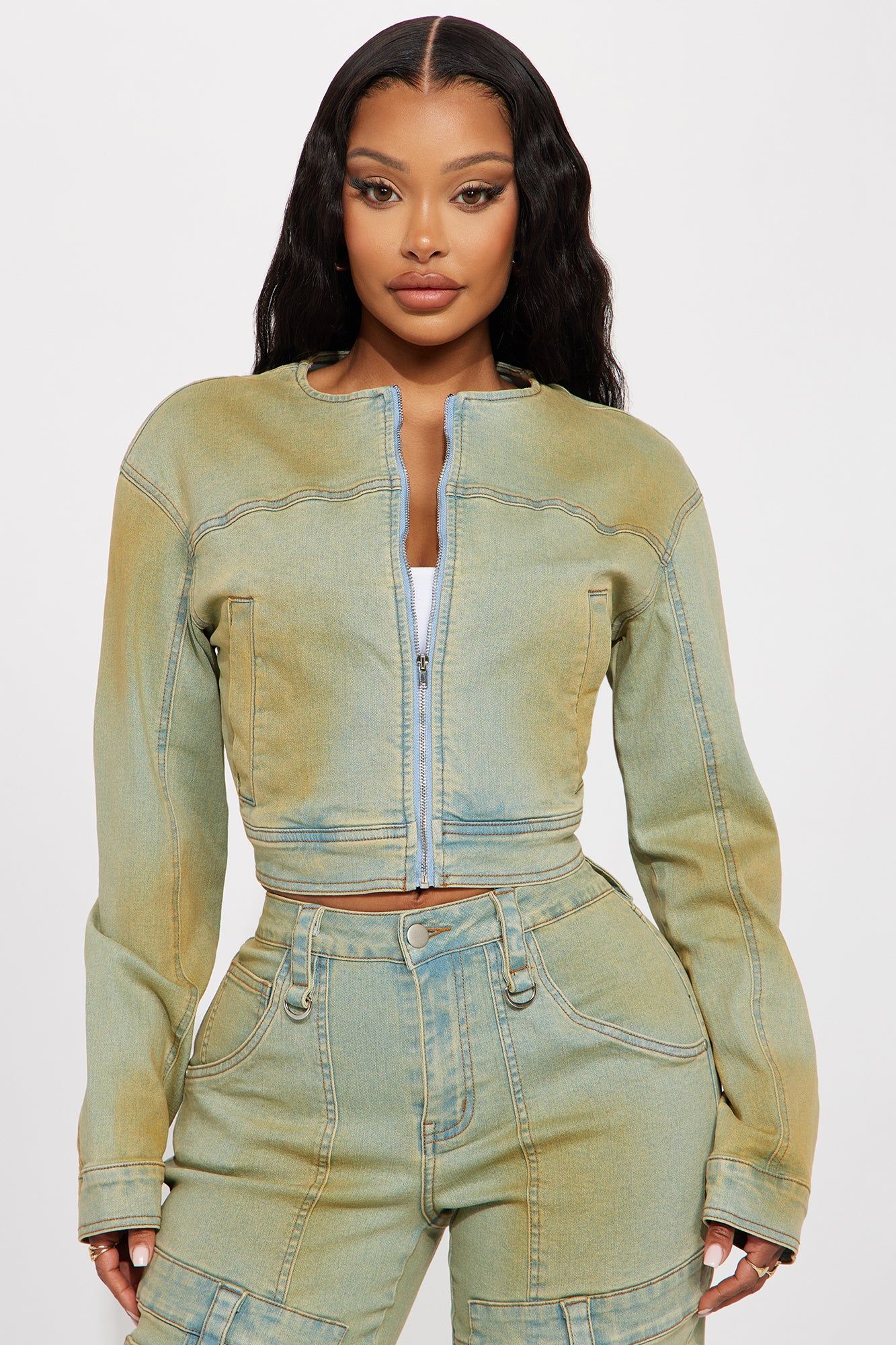 Tatiana Tinted Crop Moto Jacket - Light Wash sold by Fashion Nova