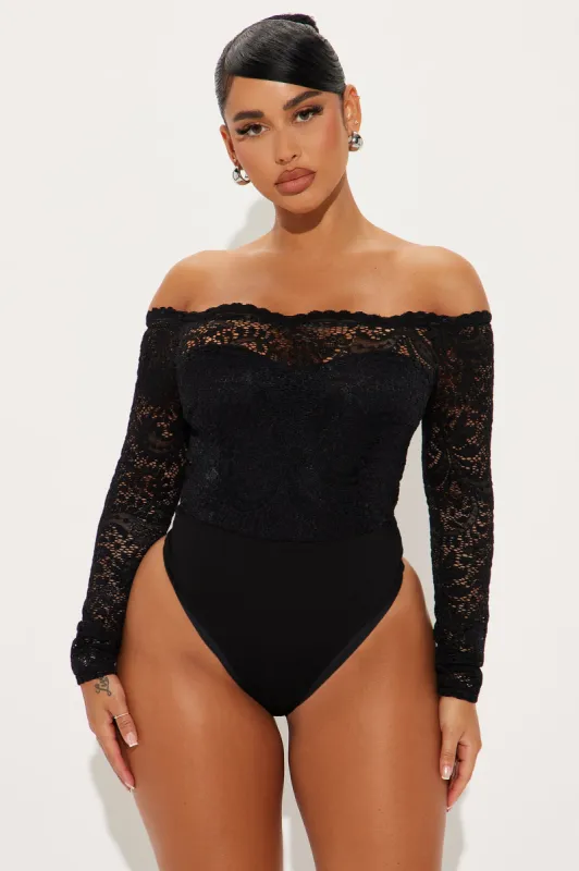 Katie Lace Off Shoulder Bodysuit - Black sold by Fashion Nova