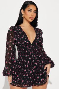 Thinking About You Floral Romper - Black/combo sold by Fashion Nova