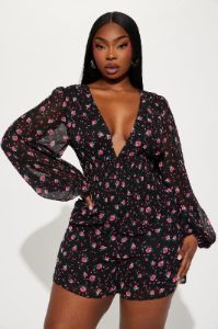 Thinking About You Floral Romper - Black/combo sold by Fashion Nova