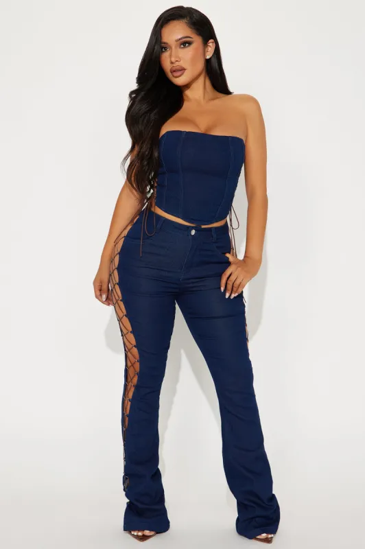 Dallas Lace Up Pant Set - Dark Wash sold by Fashion Nova